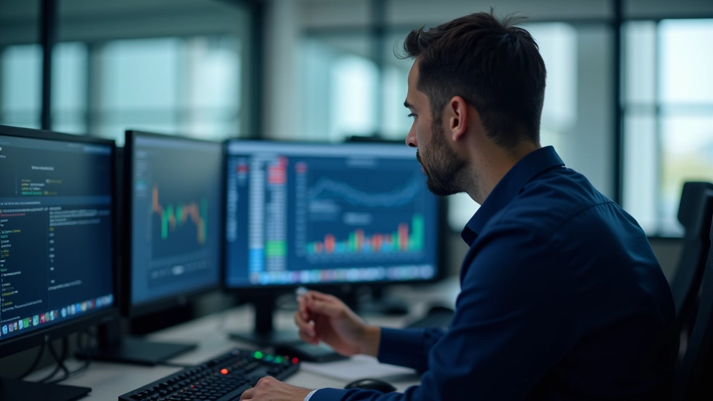 Financial analyst comparing balance sheets and debt ratios on computer screen in professional office setting