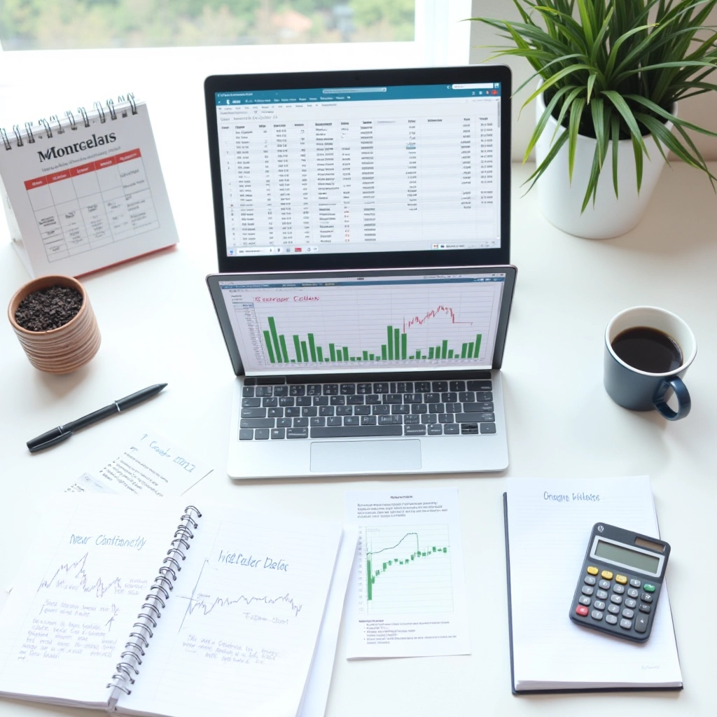 QuantumScreen Editorial Team workspace with research materials, screening tools, and market data displayed on desk