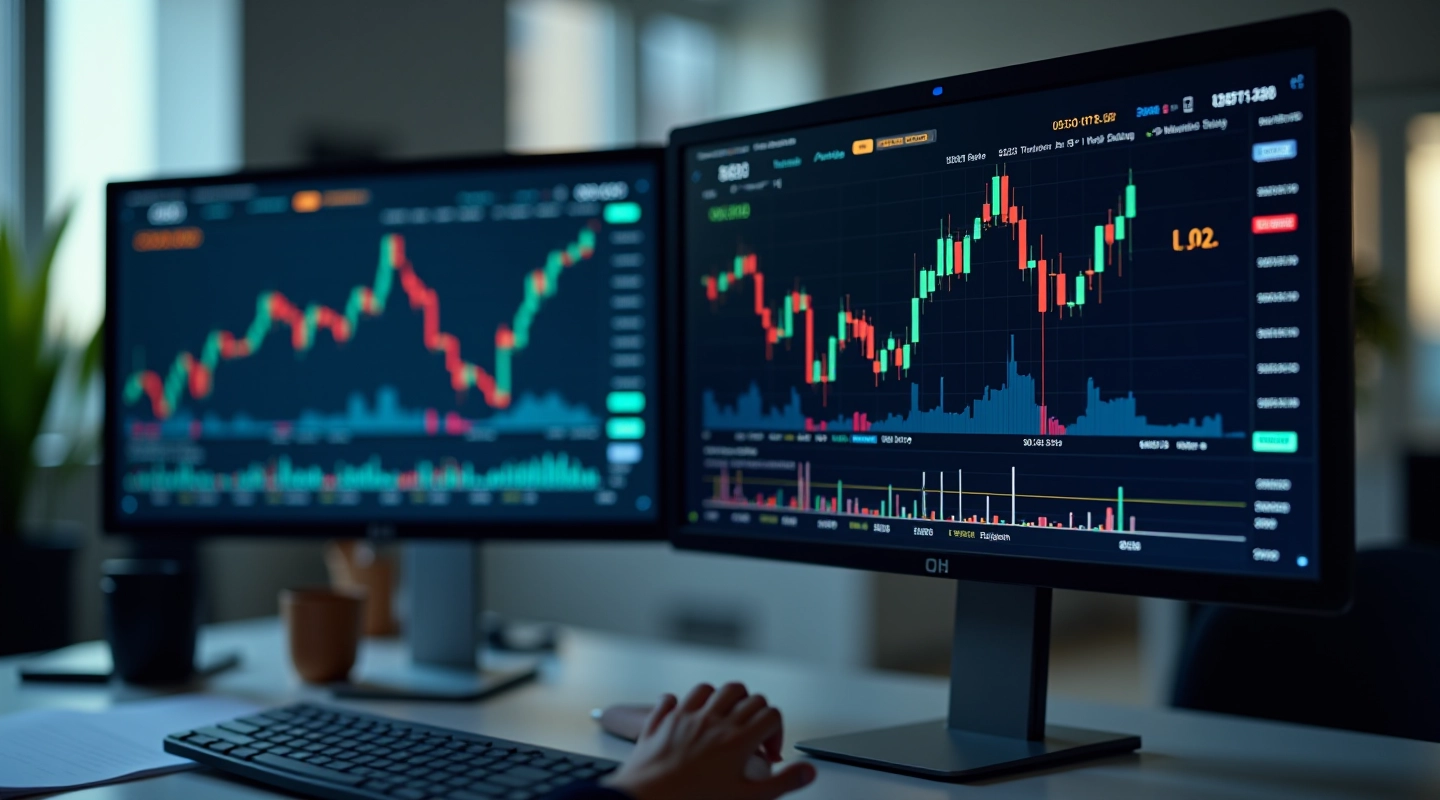 Financial data displayed on computer monitor showing stock charts and numerical analysis
