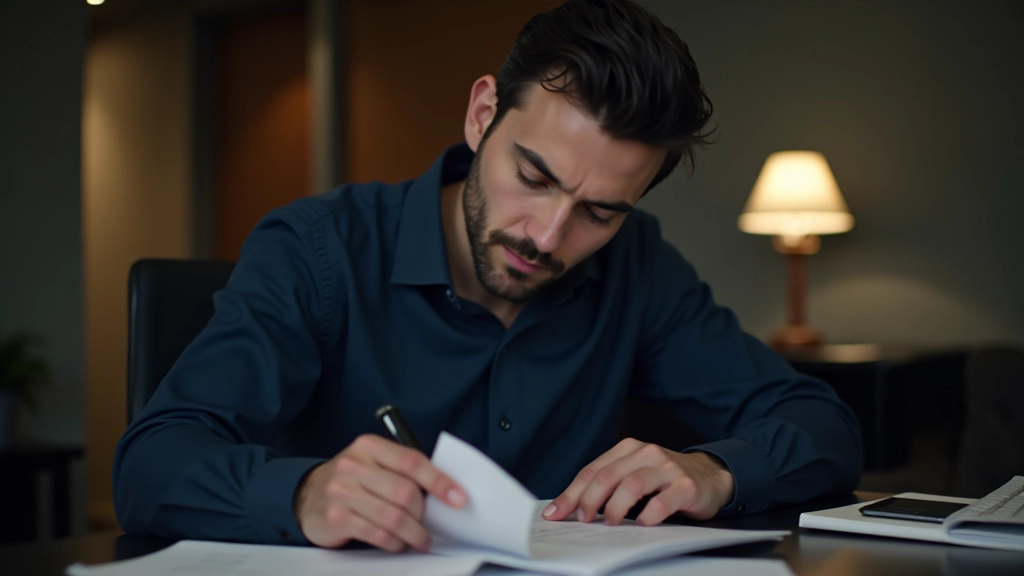 Financial analyst reviewing earnings reports and valuation metrics on printed spreadsheets at a wooden desk