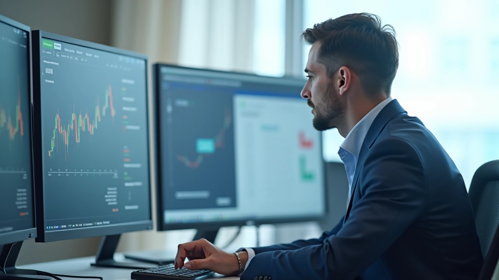 Financial analyst reviewing quarterly revenue reports on computer screen with growth charts visible