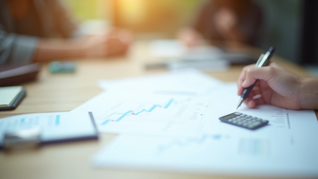 Close-up of financial documents showing debt calculations and leverage ratios with pen and calculator