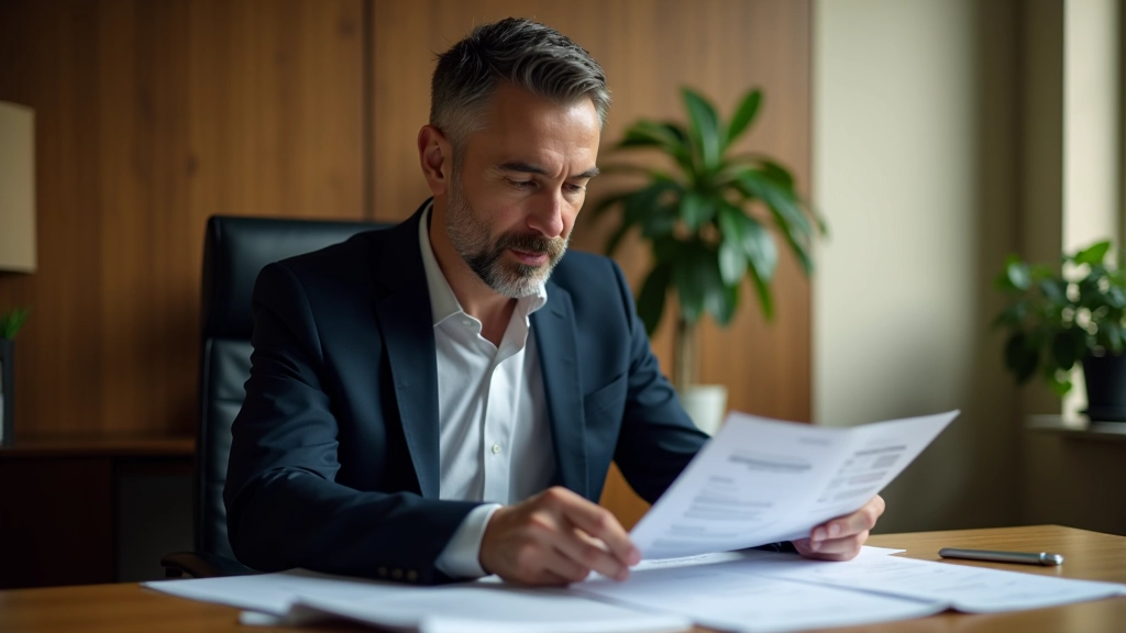 Investor studying company balance sheet with highlighted debt and equity sections for analysis