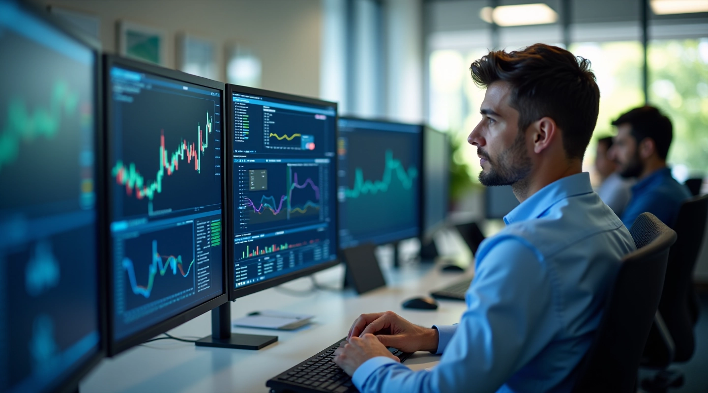 Our office workspace with analytical tools and financial data displays