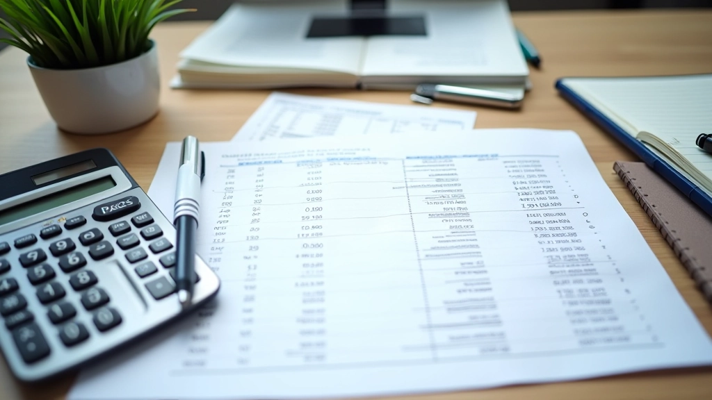 Organized workspace with notebook, calculator, and financial charts spread across desk