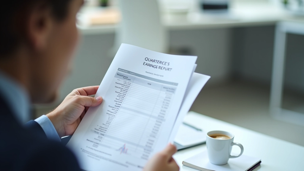 Investor reviewing quarterly earnings report and financial performance data at desk