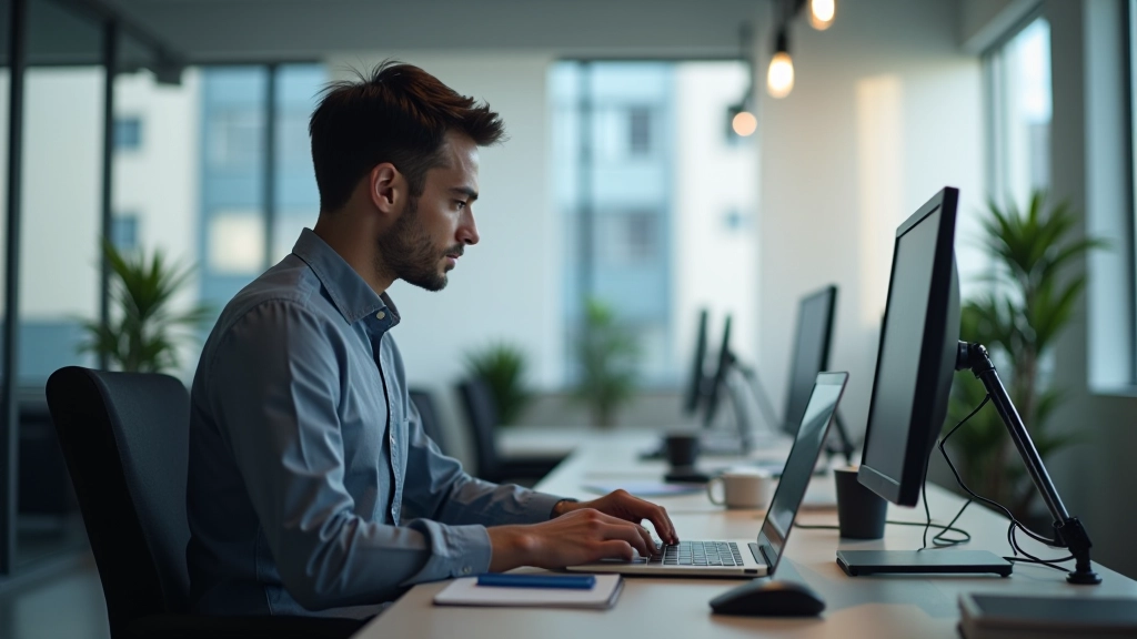Person analyzing stock data with multiple metrics displayed on computer monitor
