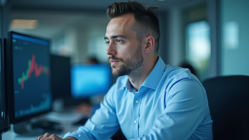 Stock trader analyzing multiple financial metrics and ratios on dashboard with charts and data visualization