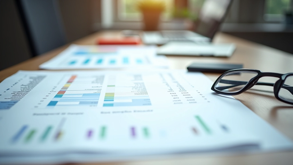 Analyst reviewing financial statements and balance sheet documents at workspace with multiple papers